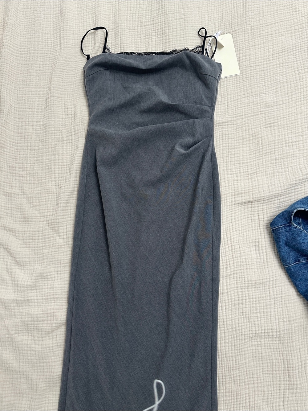 Muji Charcoal Gray Lace-Trim Maxi Slip Dress